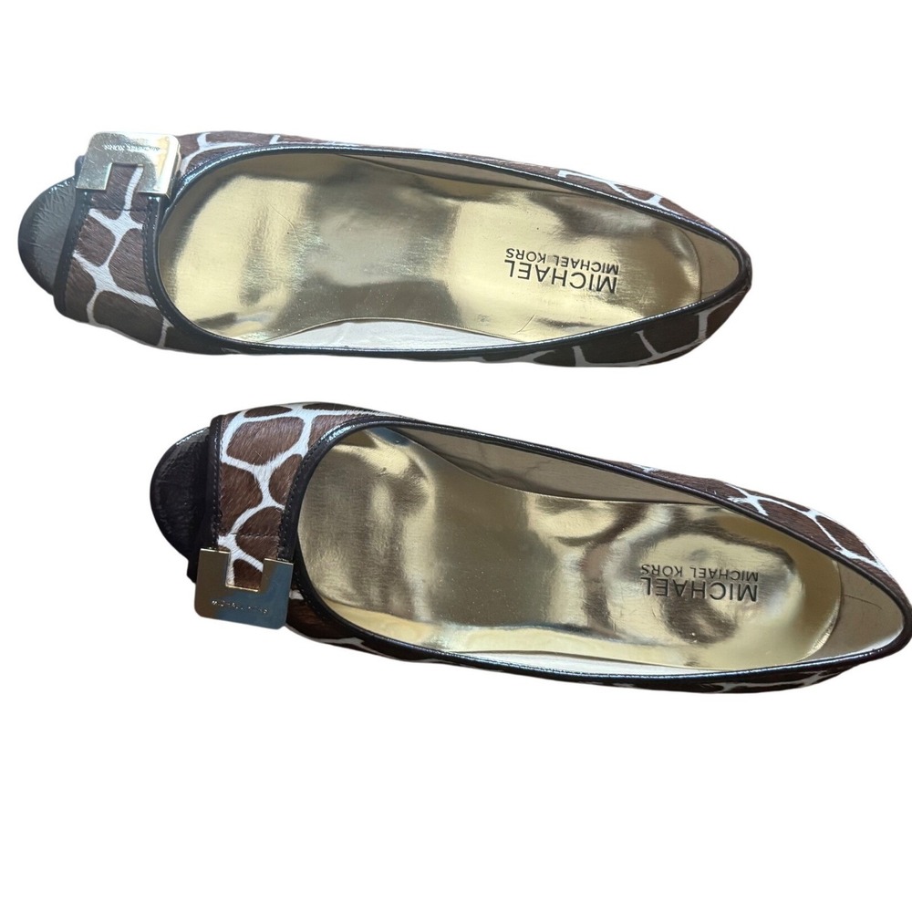 Michael Kors Beverly Demi Wedge Cow Hair Shoes Giraffe Print Gold-tone plate 9M - Picture 2 of 10
